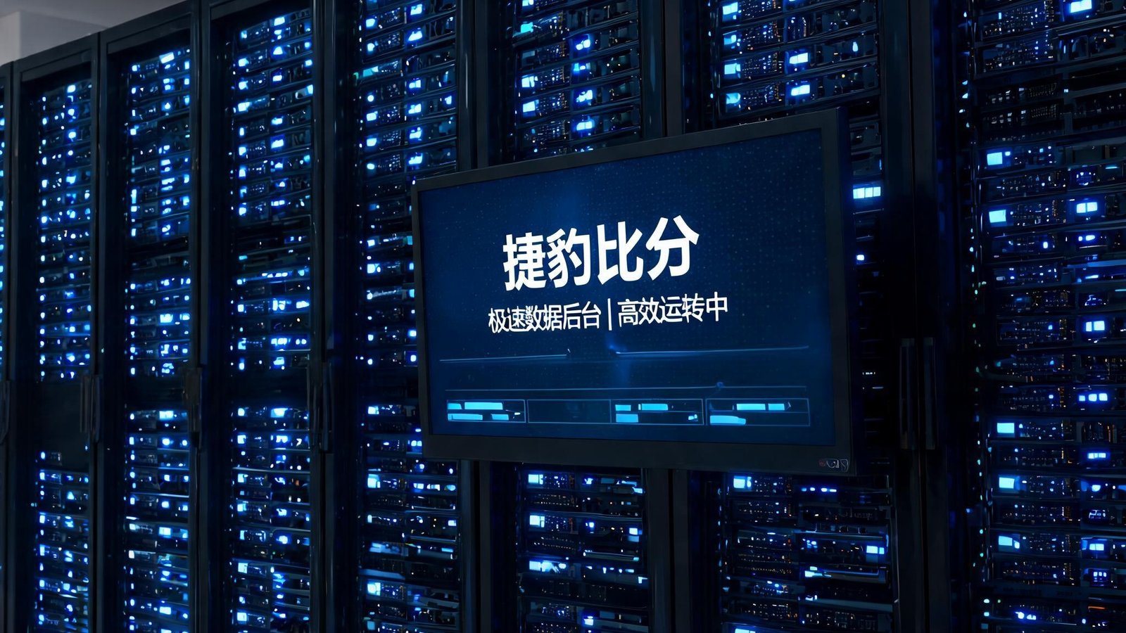 现代化数据中心服务器机架，蓝色指示灯闪烁，代表捷豹比分的极速数据后台正在高效运转