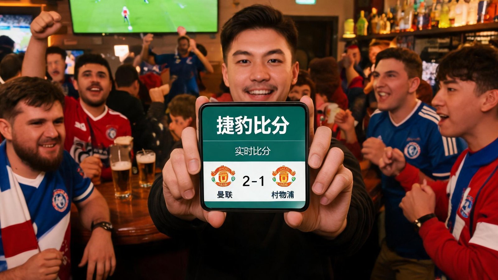 一群球迷在体育酒吧里看球赛，其中一人举起手机展示捷豹比分APP，屏幕上显示实时比分
