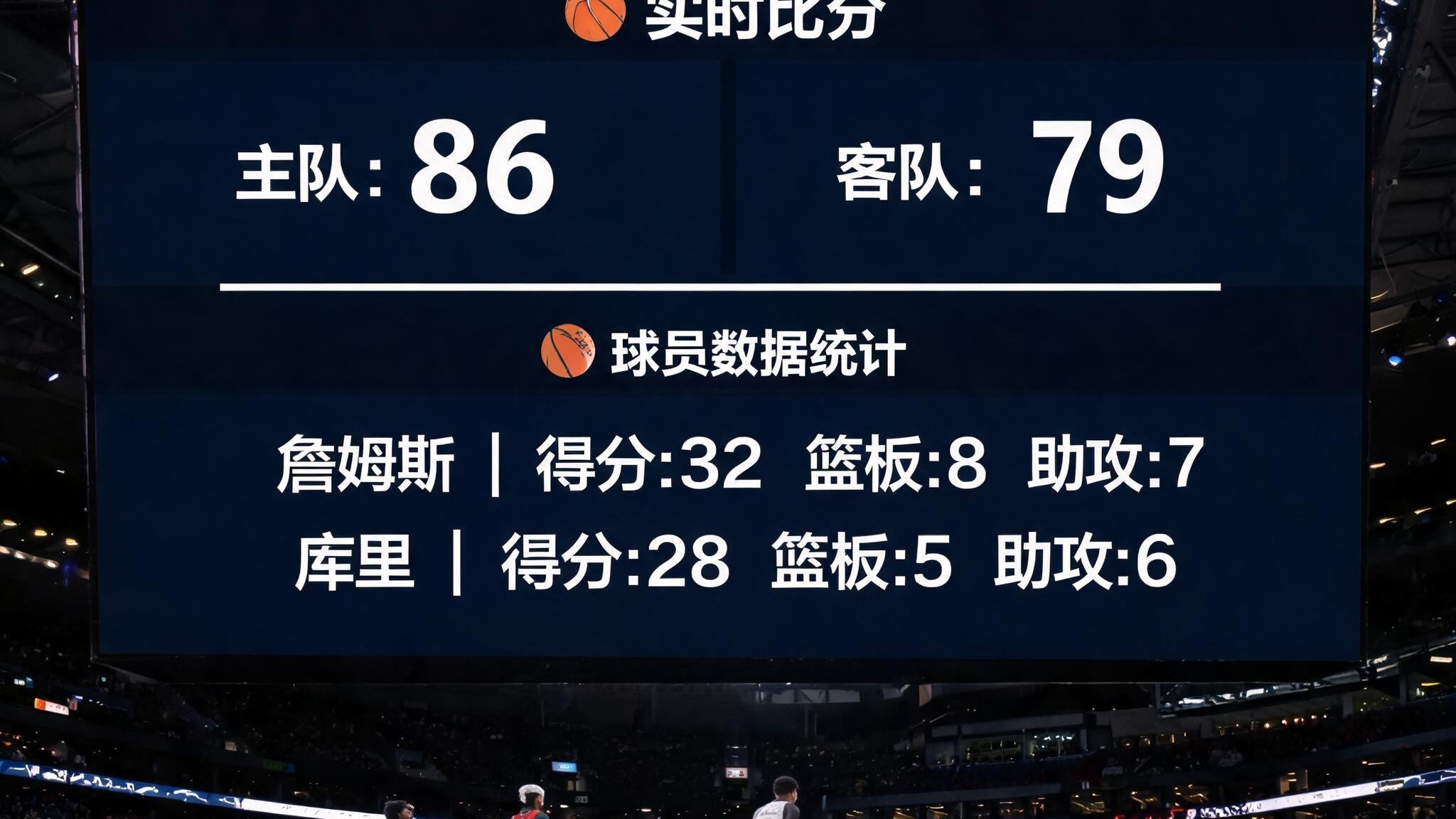 篮球比赛激烈进行中，大屏幕显示捷豹比分推送的实时比分和球员数据统计