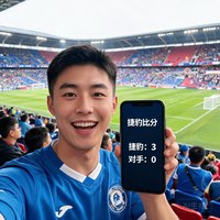 年轻男性球迷在体育场自拍，背景是足球场，手里拿着手机显示捷豹比分界面
