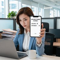 职业女性苏珊在办公室拿着手机，手机屏幕上显示捷豹比分的网球数据