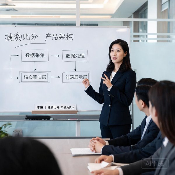 捷豹比分产品负责人李琳，在会议室白板前比划手势，讲解数据产品架构
