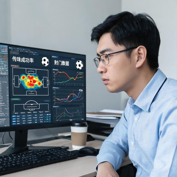 数据科学家王浩，看着电脑屏幕上复杂的足球数据模型图表，表情专注